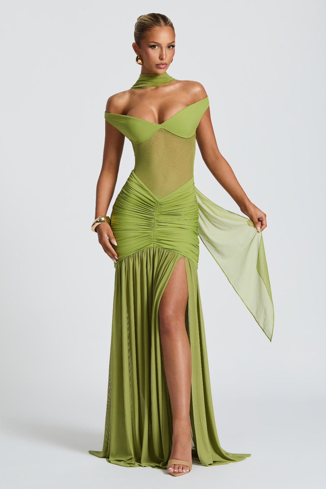 Alya Metallic Maxi Dress – Vibrant Olive Yellow Black Evening Gown