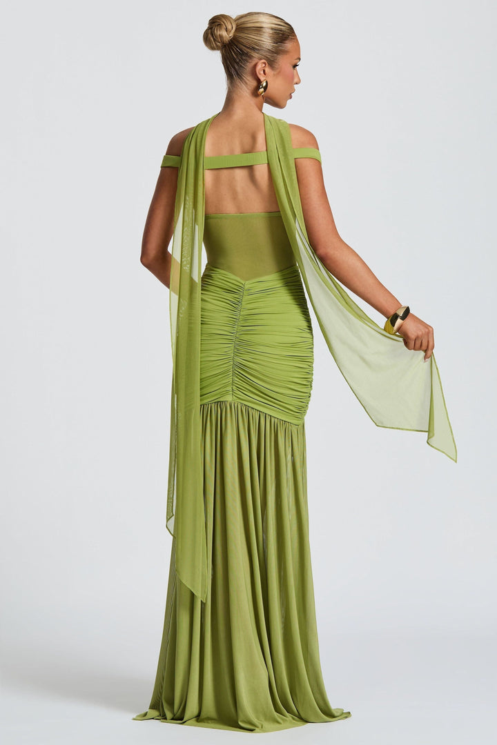 Alya Metallic Maxi Dress – Vibrant Olive Yellow Black Evening Gown