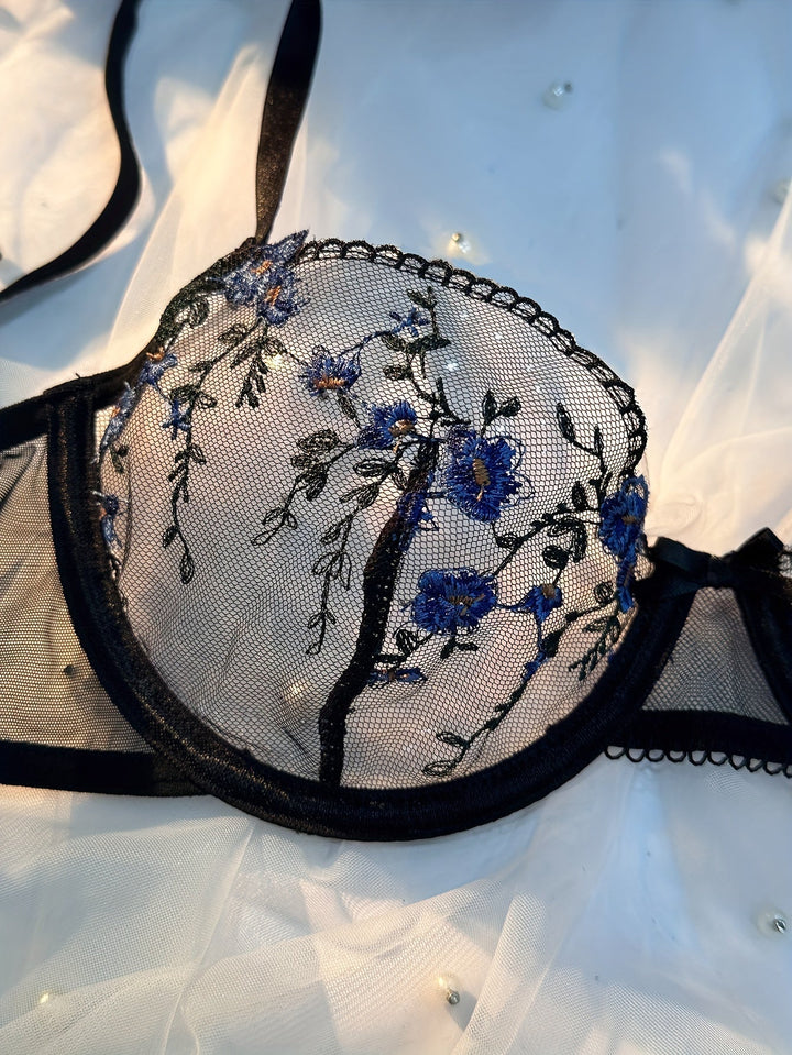 Anya Elegant Black Mesh Lingerie Set: Intricate Embroidery, Sensual Comfort