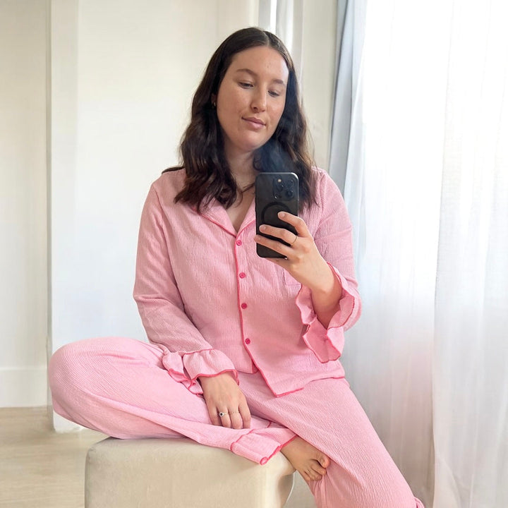 Amara Pajama Set – Soft Pink Ruffle Cozy Loungewear