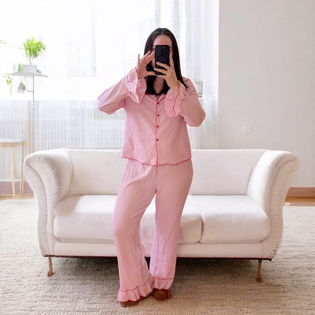 Amara Pajama Set – Soft Pink Ruffle Cozy Loungewear
