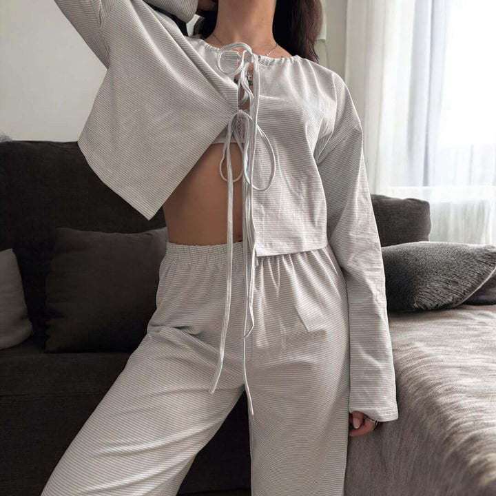 Liora Loungewear Set – Tie‑Front Striped Soft Relaxed Fabric