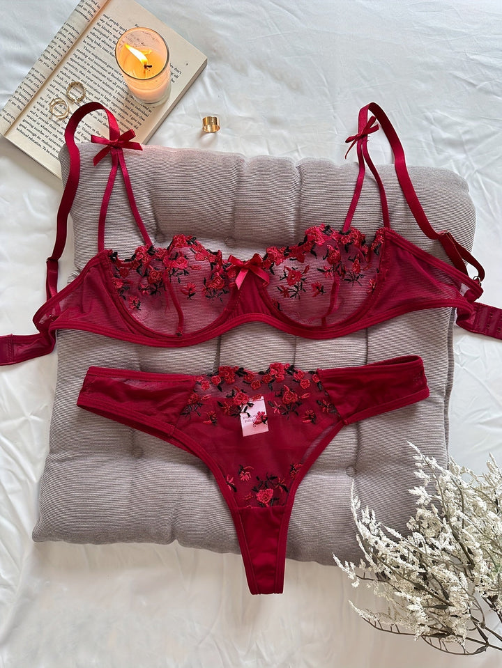 Liora Rose Embroidered Lace Lingerie Set with Adjustable Straps