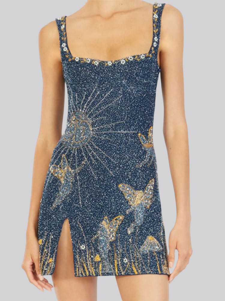 Robe bleu nuit étoilée femme bustier ajusté jupe évasée élégante