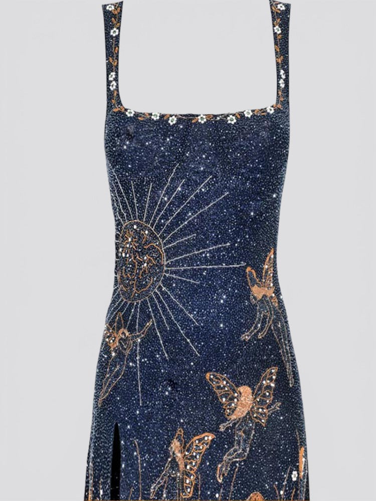 Robe bleu nuit étoilée femme bustier ajusté jupe évasée élégante