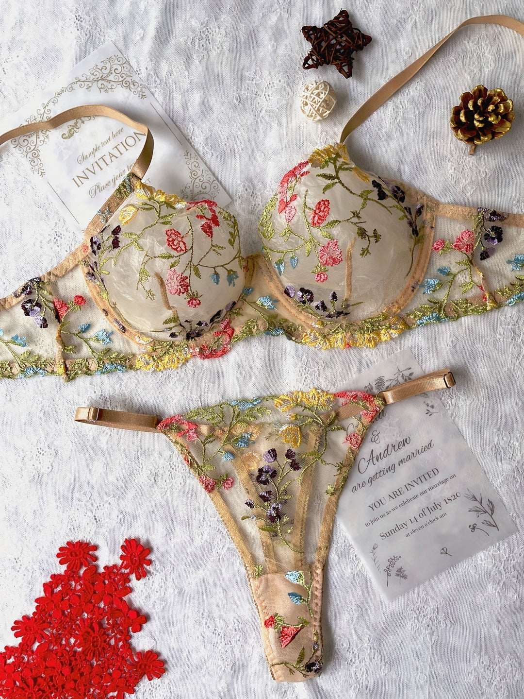 Elegant Embroidered Mesh Lingerie Set with Adjustable Fit
