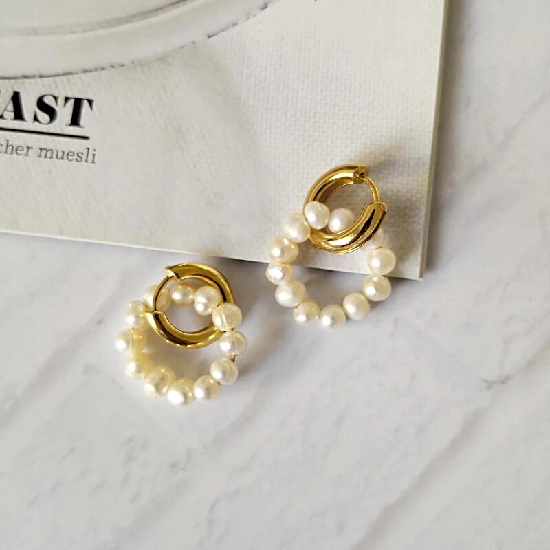 Elegant Double Circle Freshwater Pearl Earrings with 18K Gold Plating