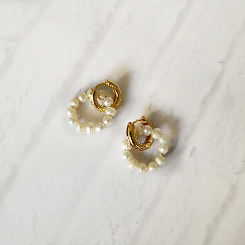 Elegant Double Circle Freshwater Pearl Earrings with 18K Gold Plating