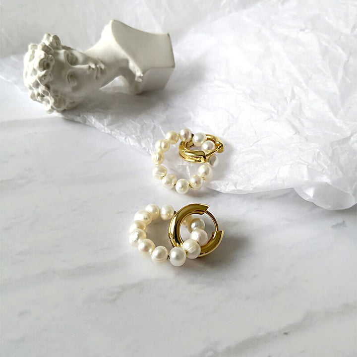 Elegant Double Circle Freshwater Pearl Earrings with 18K Gold Plating