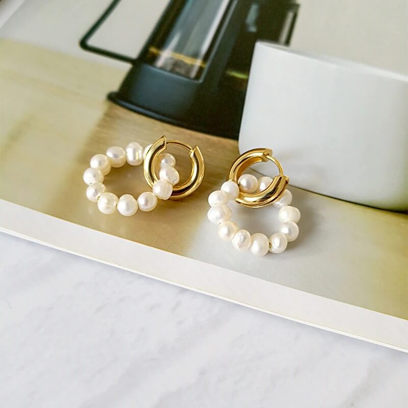 Elegant Double Circle Freshwater Pearl Earrings with 18K Gold Plating