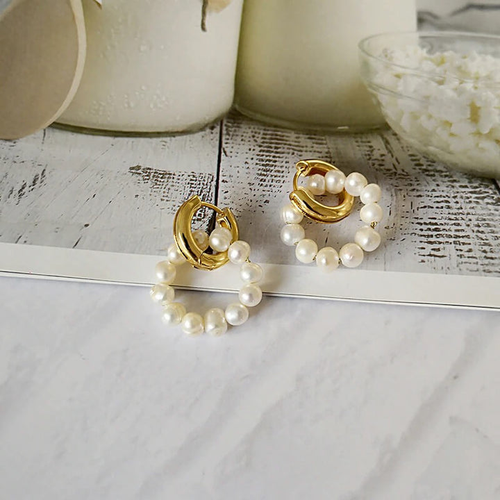 Elegant Double Circle Freshwater Pearl Earrings with 18K Gold Plating