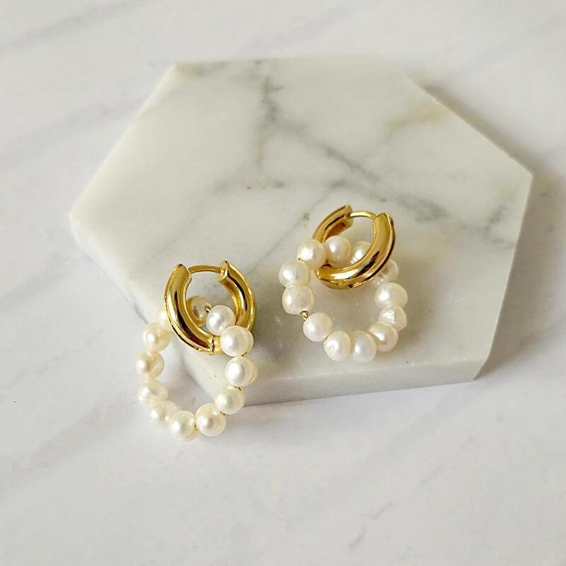 Elegant Double Circle Freshwater Pearl Earrings with 18K Gold Plating