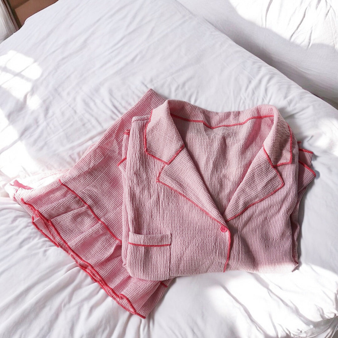 Amara Pajama Set – Soft Pink Ruffle Cozy Loungewear