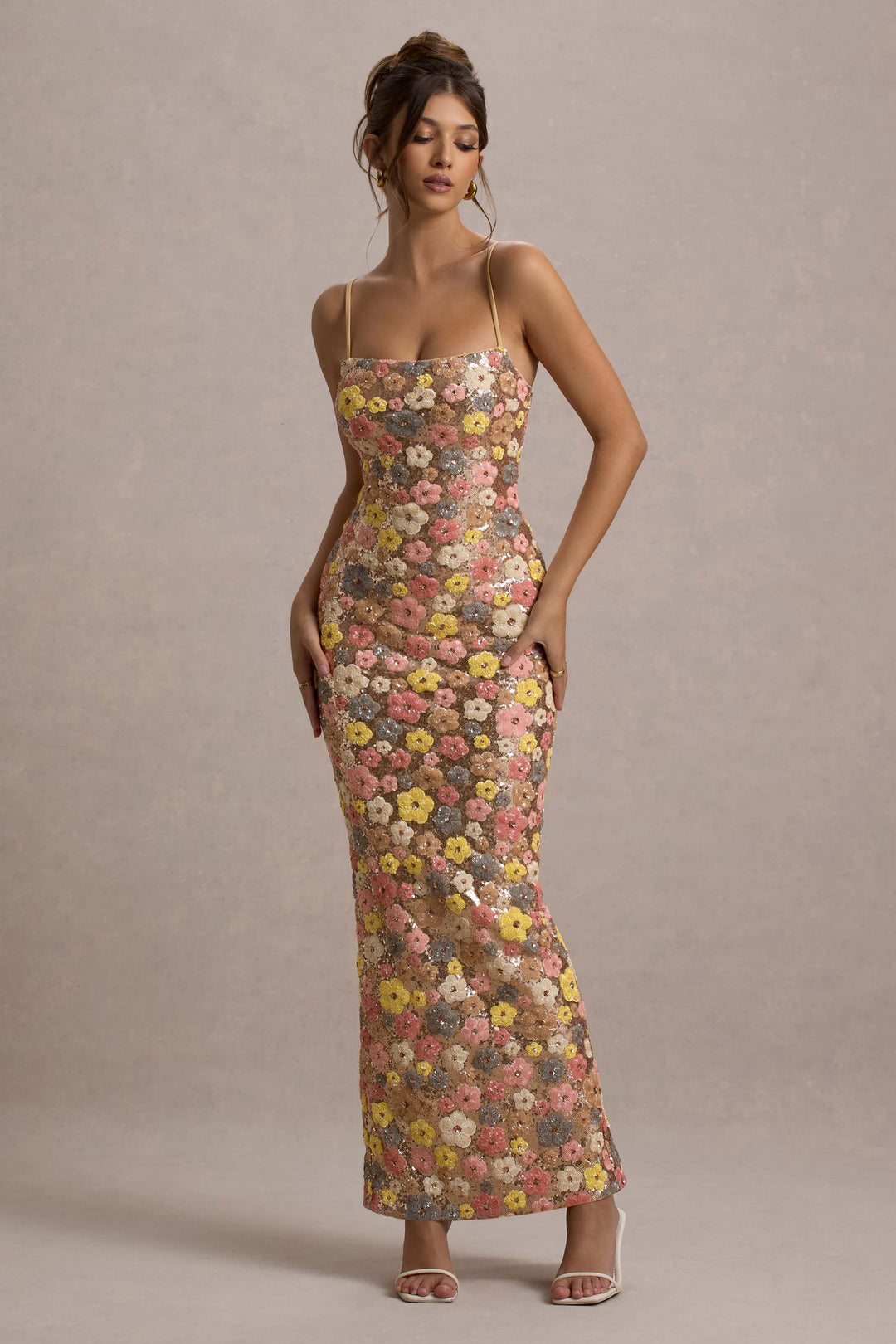 Robe longue à sequins femme motifs floraux fente latérale élégante
