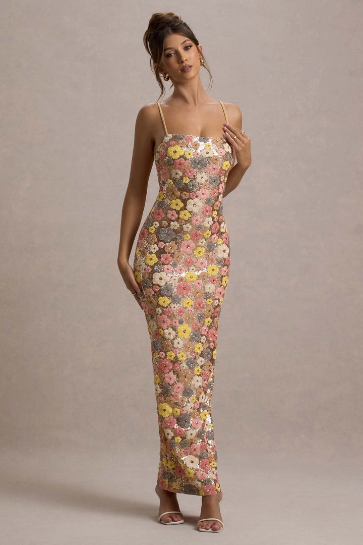 Robe longue à sequins femme motifs floraux fente latérale élégante