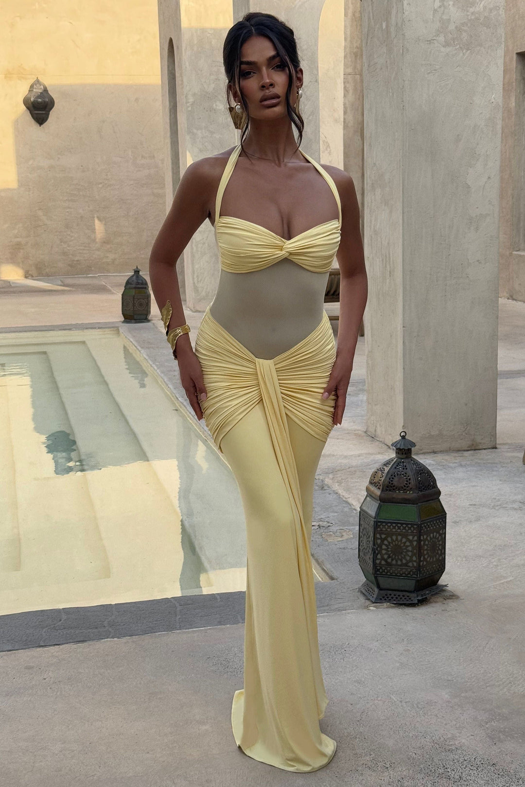 Vixen Golden Yellow Maxi Dress with Halter Neck